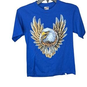 Kids Blue Eastern Shawnee Native American hand printed POW Eagle Graphic T-Shirt